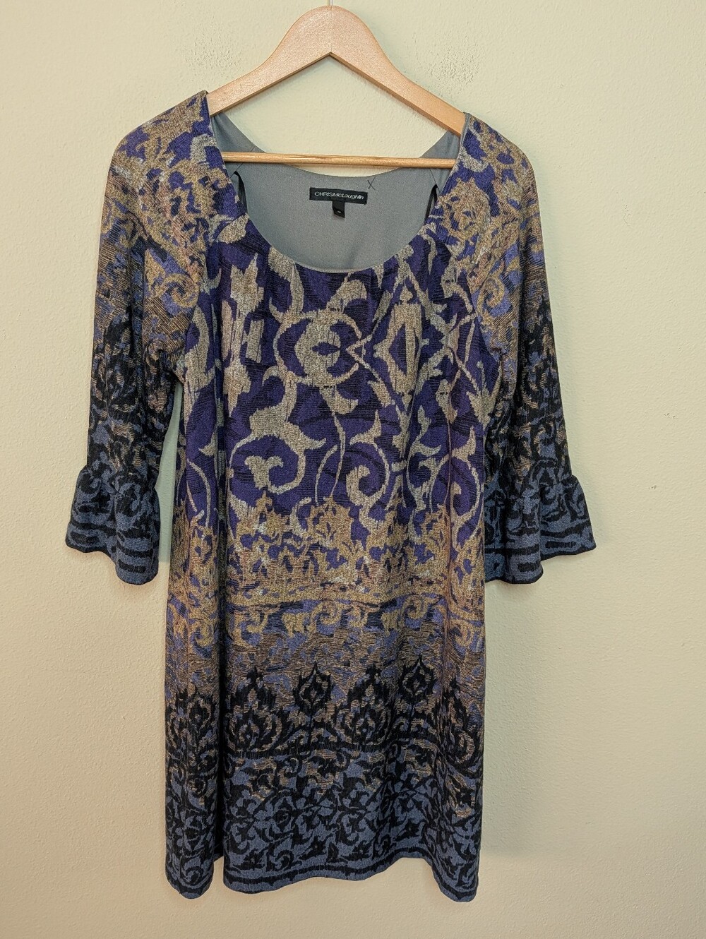 Chris McLaughlin Purple Damask Print Shift Dress Bell Sleeve Size 16